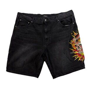 Ed Hardy Black Denim Shorts Men’s Sz 40 Embroidered Skull Graphic Tattoo Y2K